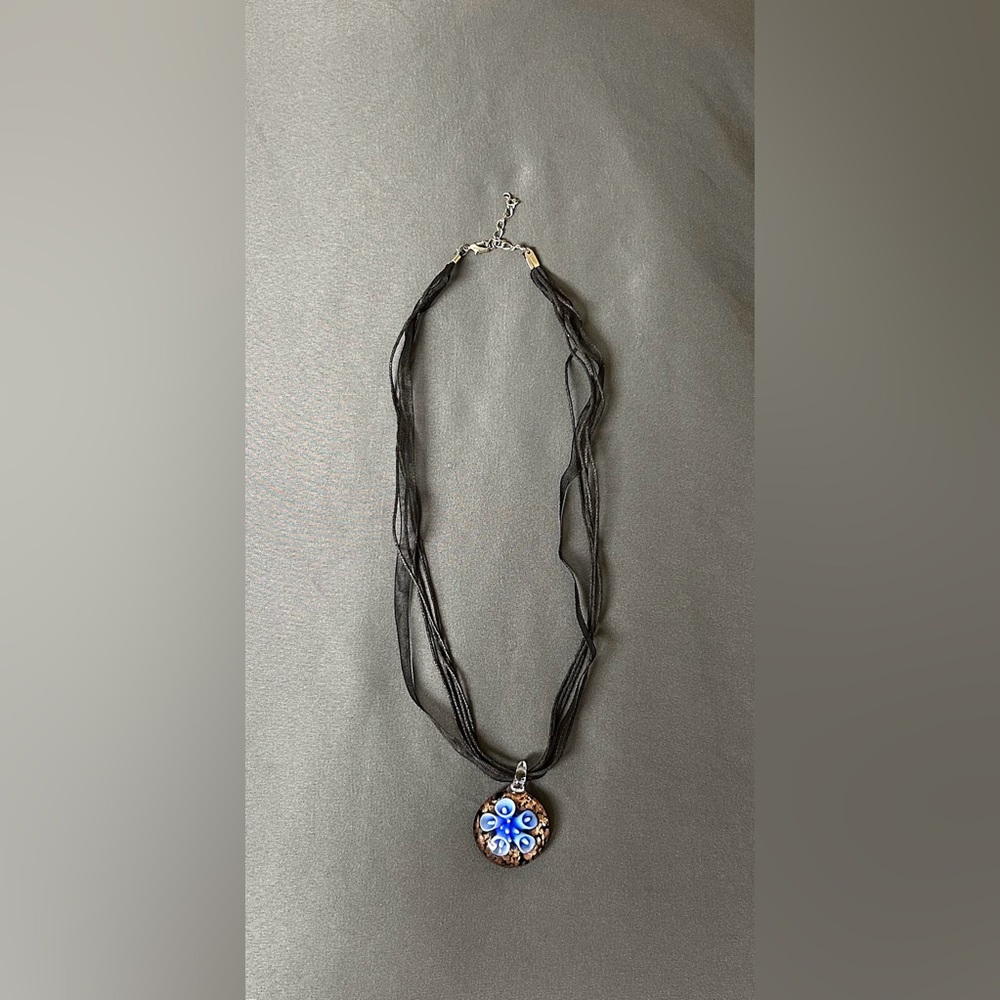 Blue & Bronze Glass Hand Blown Flower Necklace